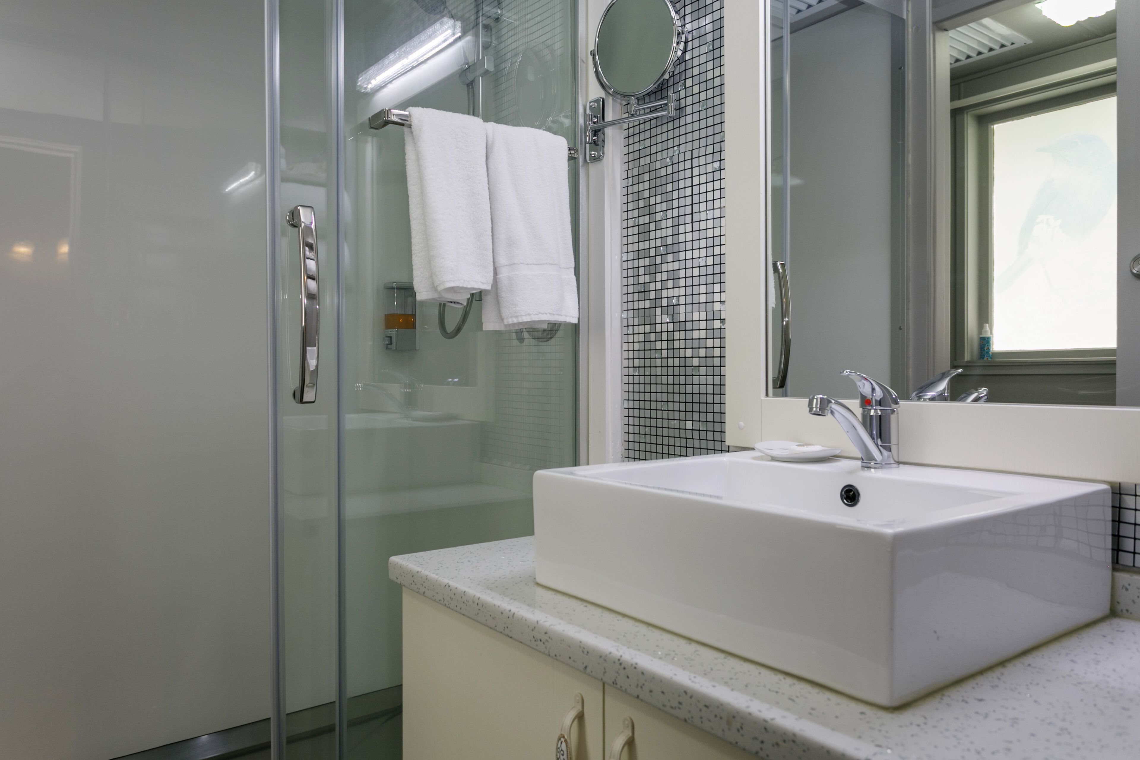 A modern bathroom with a glass shower enclosure, a white sink with a single faucet, and a mirror above the sink.