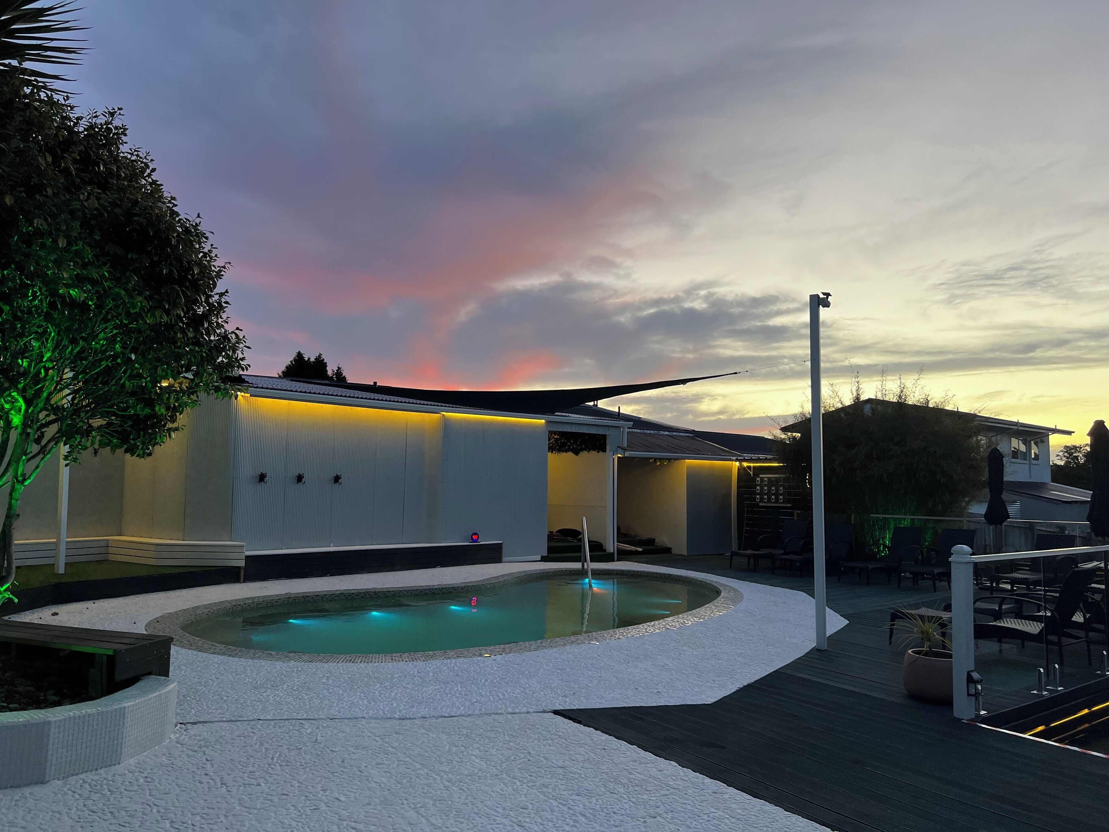 4 outdoor pools, open noon to 9 PM, pool umbrellas, pool loungers