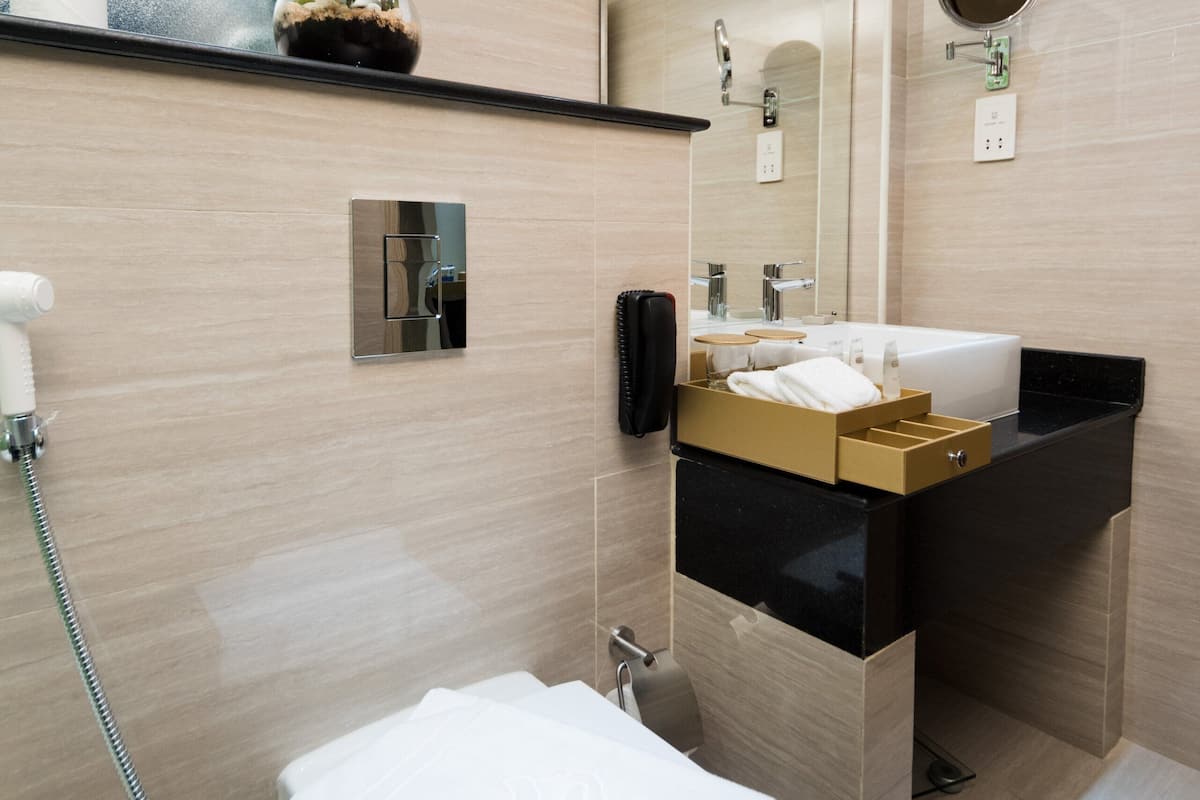 shower, rainfall showerhead, free toiletries, hair dryer