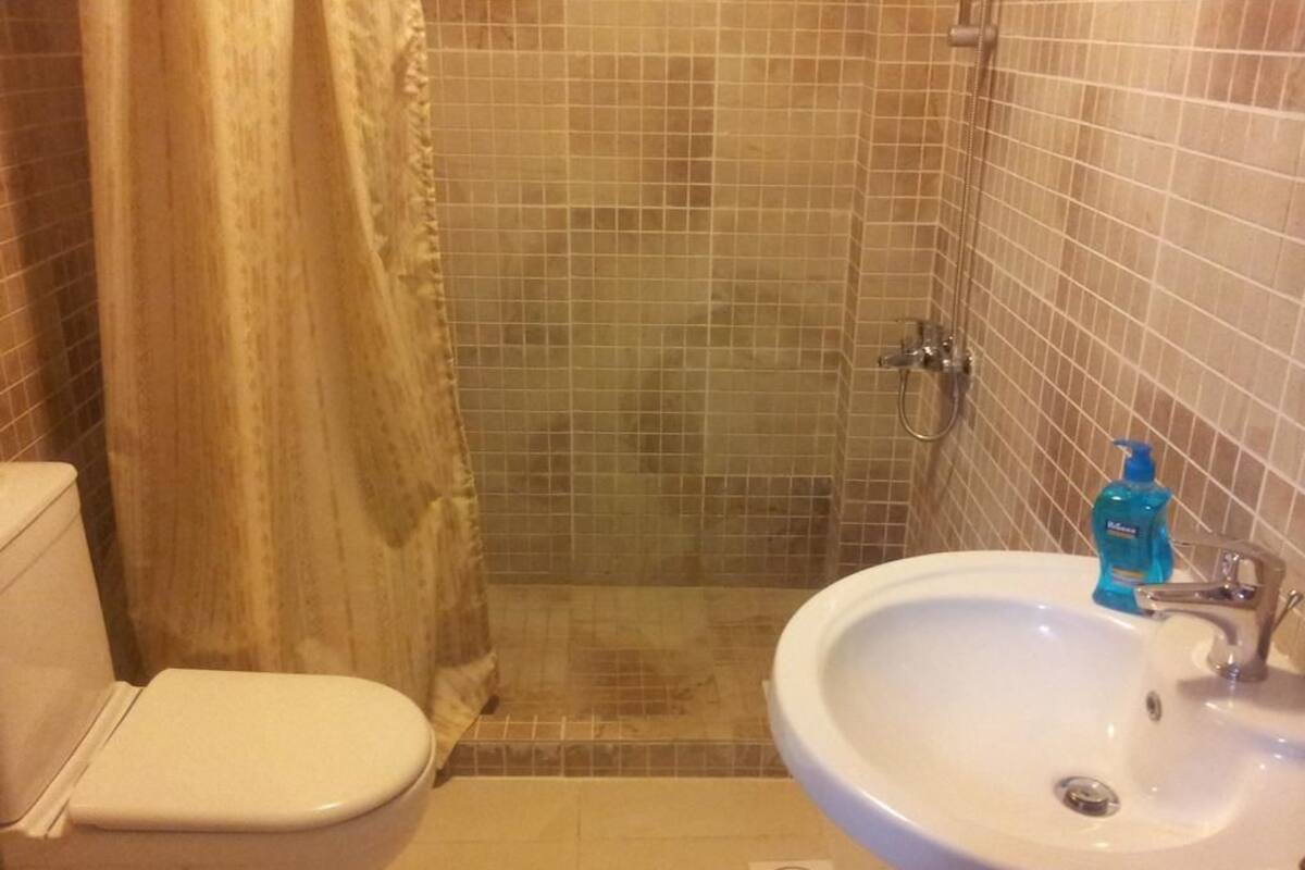 A bathroom with a toilet, a shower with a curtain, and a sink with a soap dispenser.