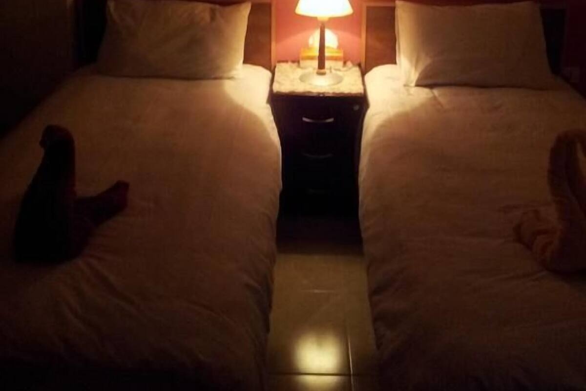 A room with two beds, a nightstand with a lamp, and a small picture on the wall.