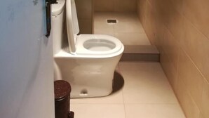 A small, tiled bathroom with a toilet, a shower, and a trash bin. - Jordan River Hotel (Amman)
