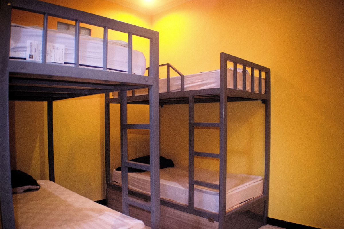 Une chambre avec un lit superposé, comprenant deux lits et une échelle en bois.