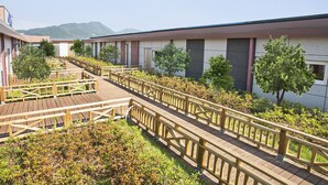 Eine Holzterrasse mit Geländern, umgeben von Grünflächen und Gebäuden im modernen Stil.