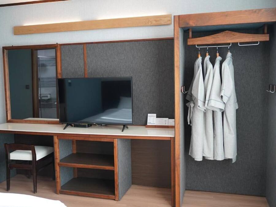 A hotel room with a wooden desk, a television, a chair, a wardrobe, and a hanging clothes rack.