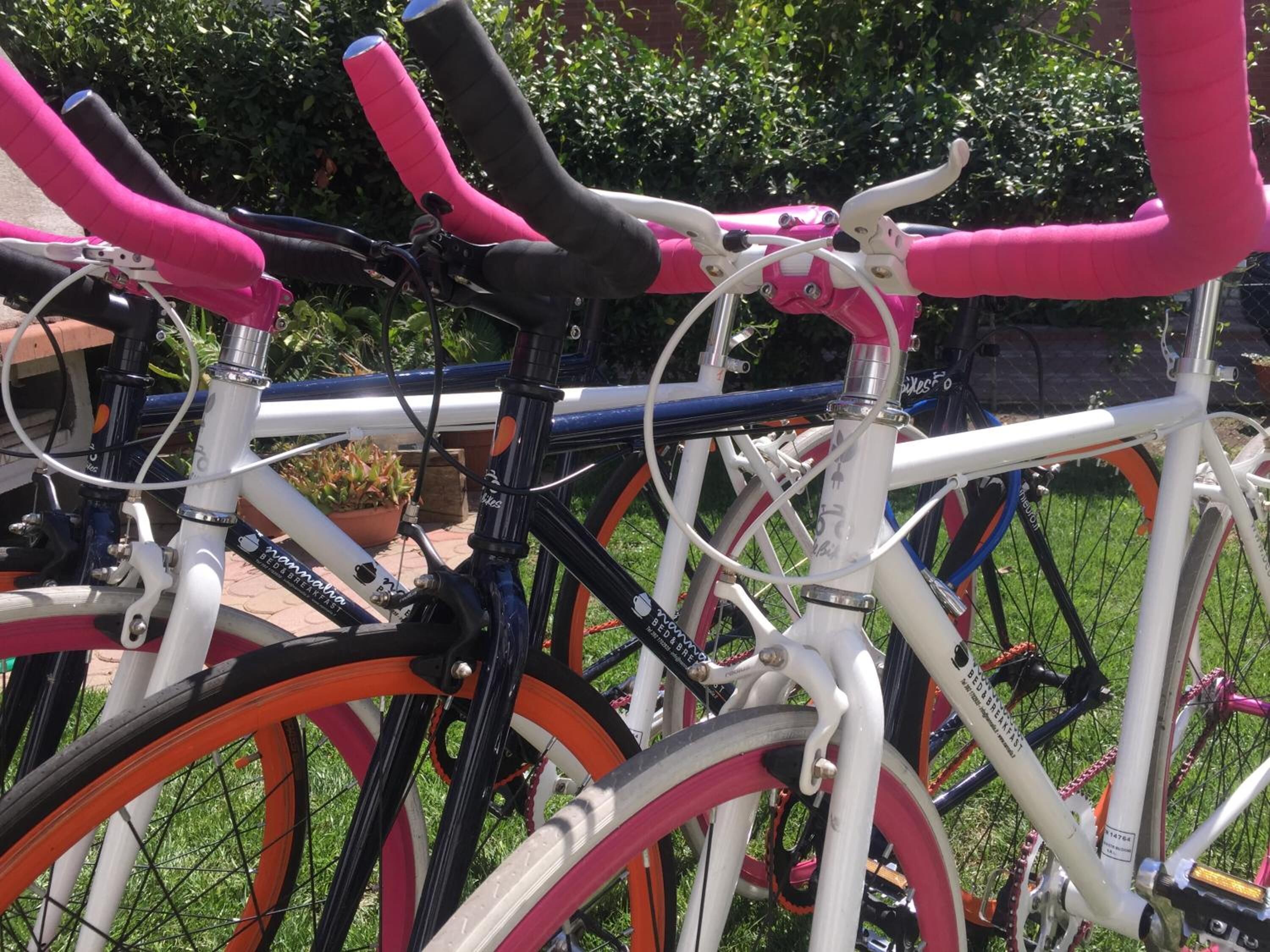 A row of bicycles with pink and black handlebars, white frames, and orange wheels, parked outdoors.