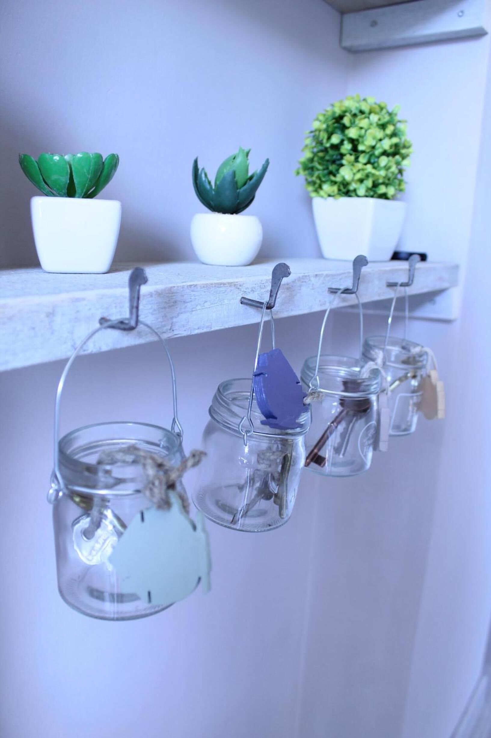 A shelf with potted plants and hanging glass jars.