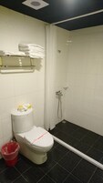 Baño con inodoro, ducha y toallero.