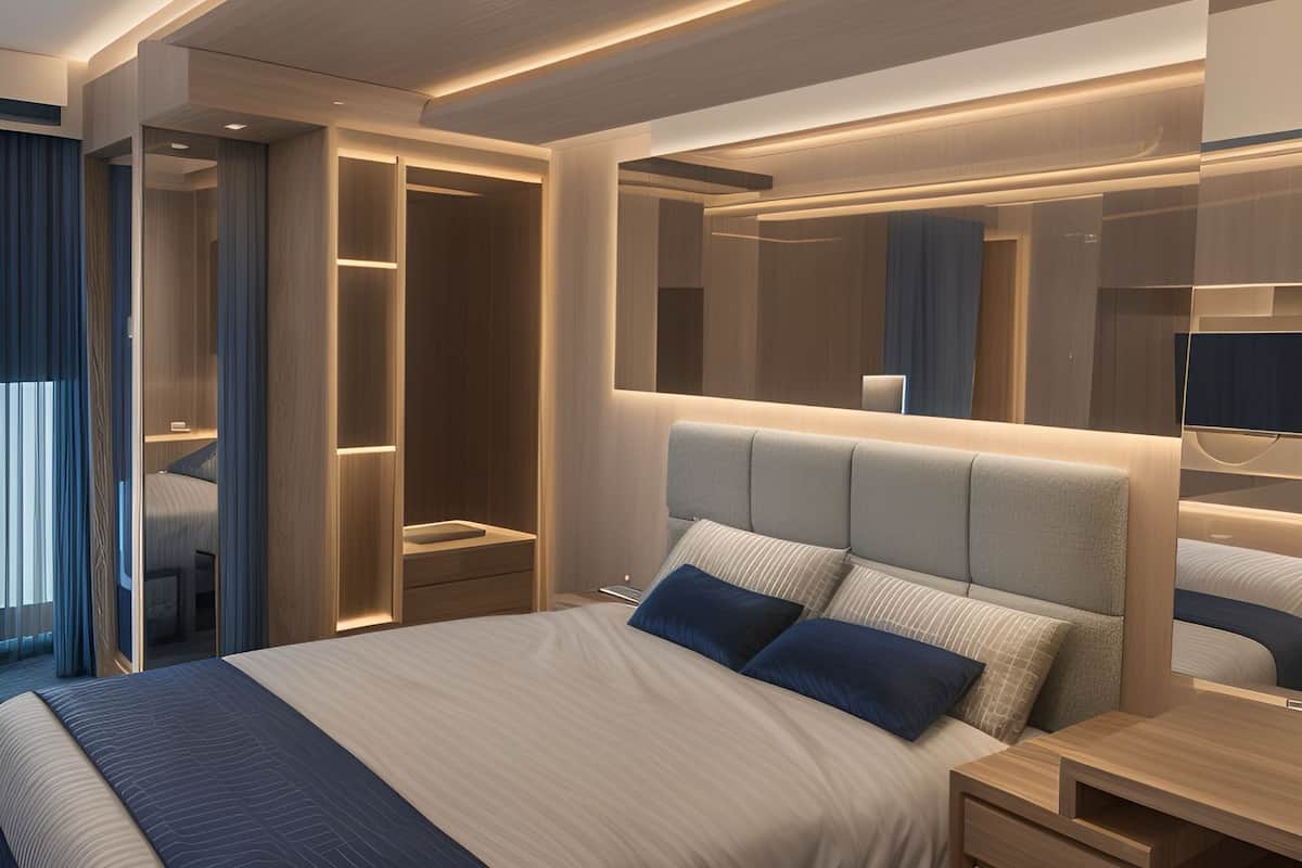 A modern bedroom with a large bed, built-in wardrobe, bedside tables, and a mirror.