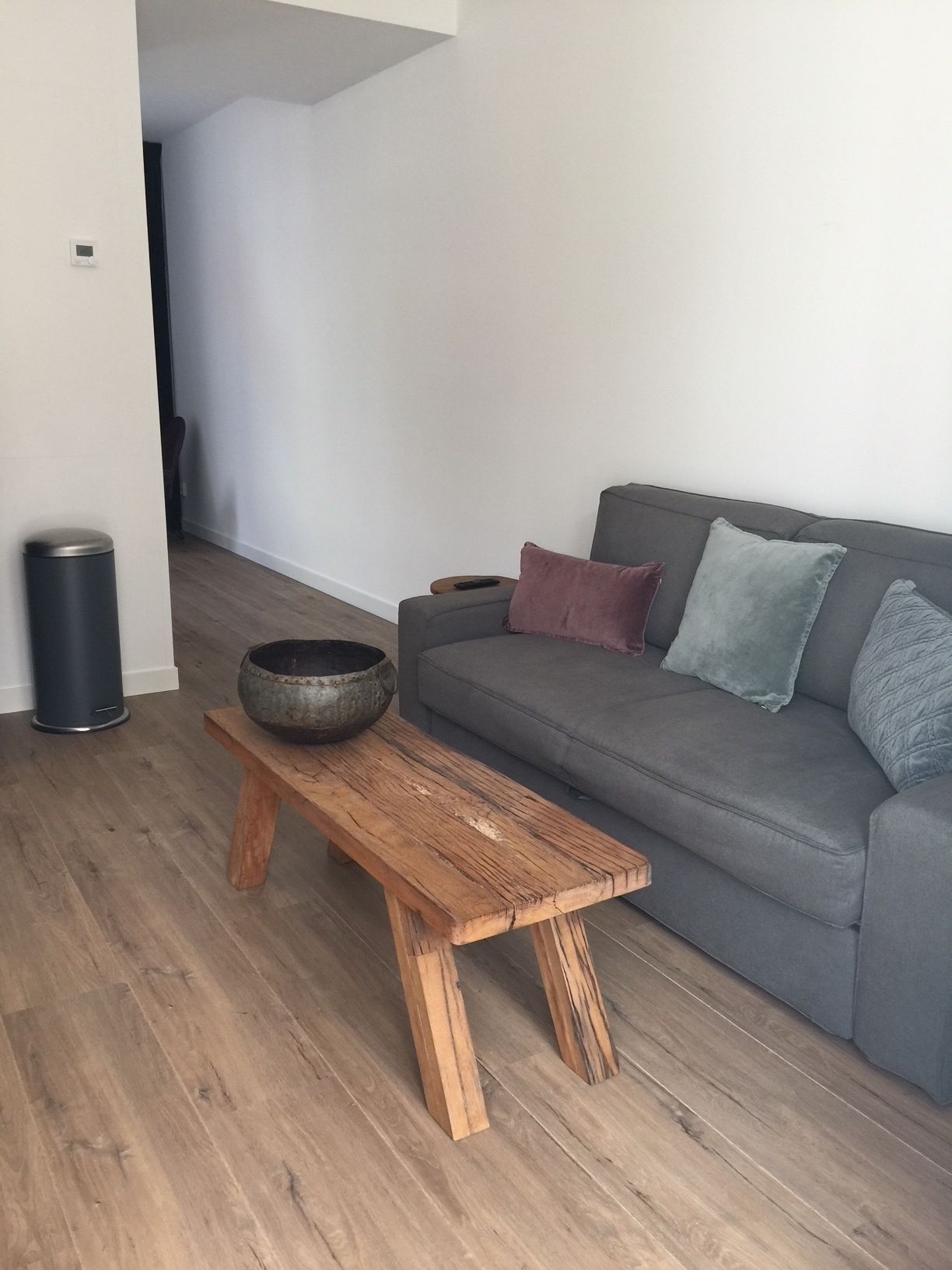 Ein modernes Wohnzimmer mit einem grauen Sofa, einem Holztisch und einer schwarzen Mülltonne.