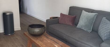 Una sala de estar moderna con un sofá gris, una mesa de centro de madera y un cubo de basura negro.