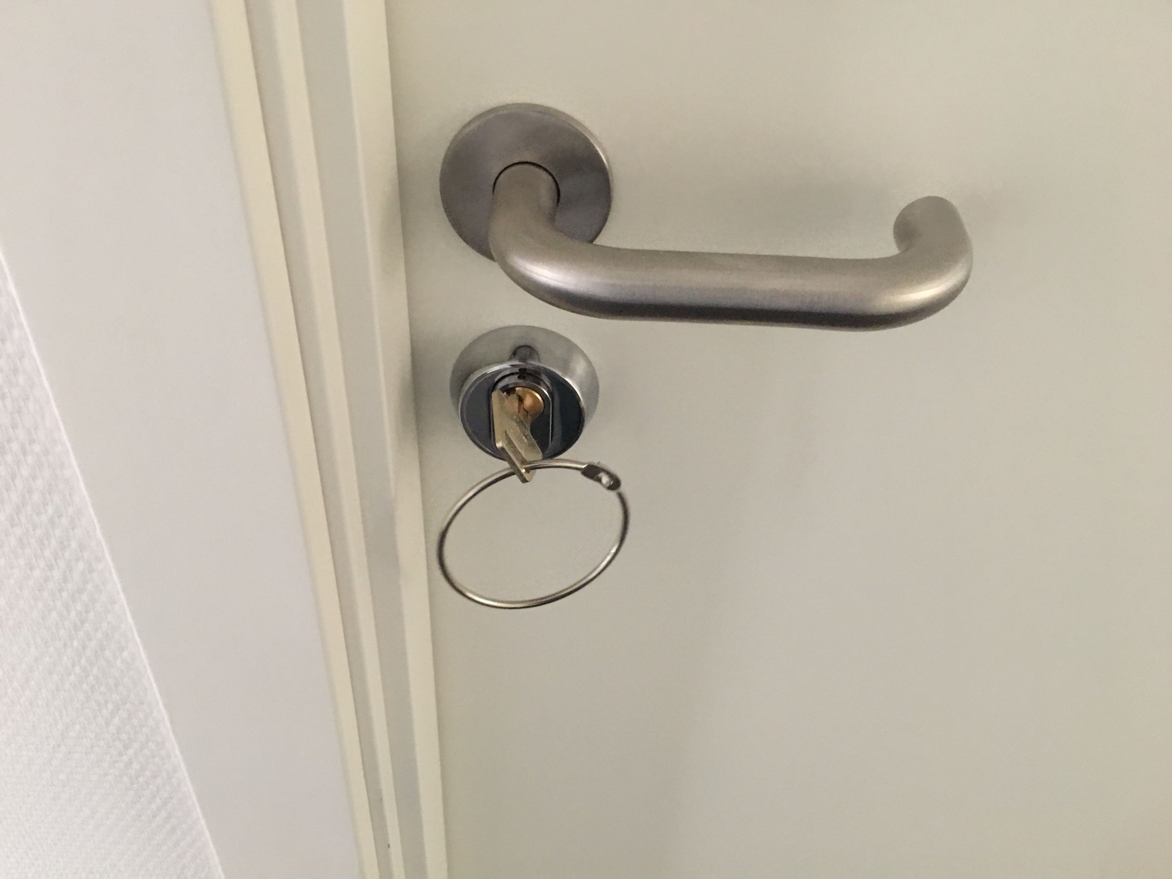 Une porte dotée d’une poignée métallique et d’un porte-clés.