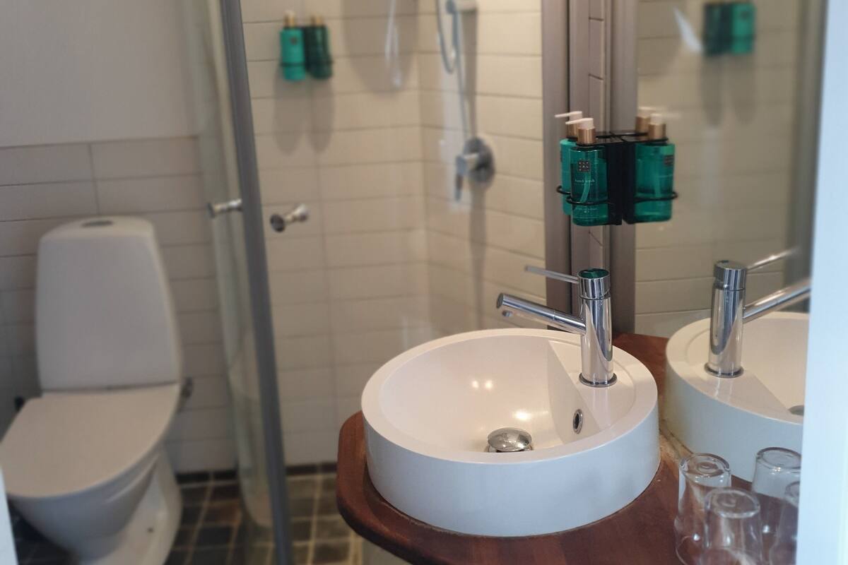 mini suite | bathroom | shower, free toiletries, hair dryer, bathrobes