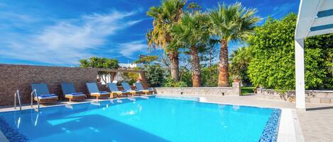 Outdoor pool, open 8:00 AM to 8:00 PM, pool loungers