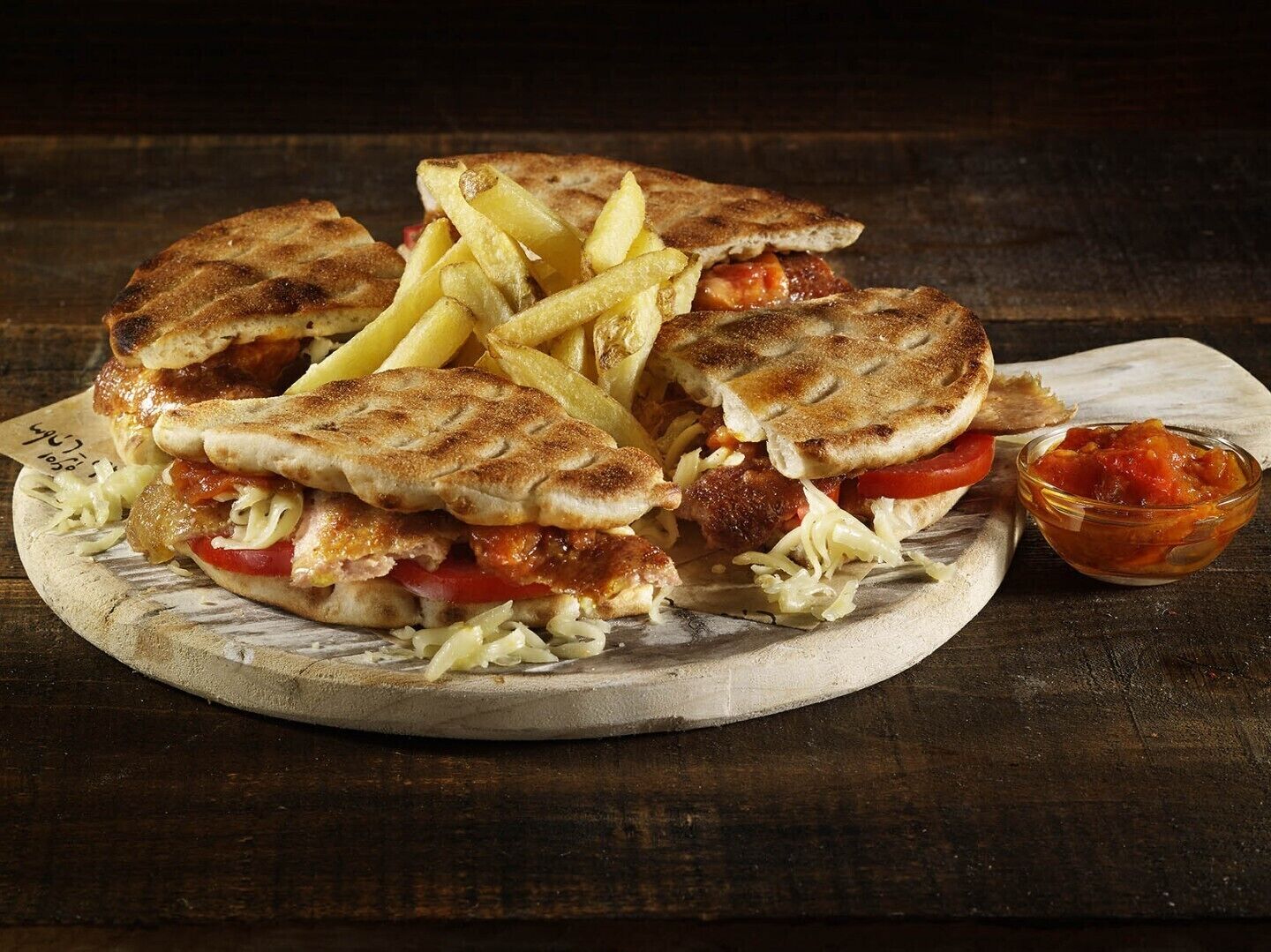 Un sándwich a la plancha con papas fritas y chucrut sobre una tabla de madera.