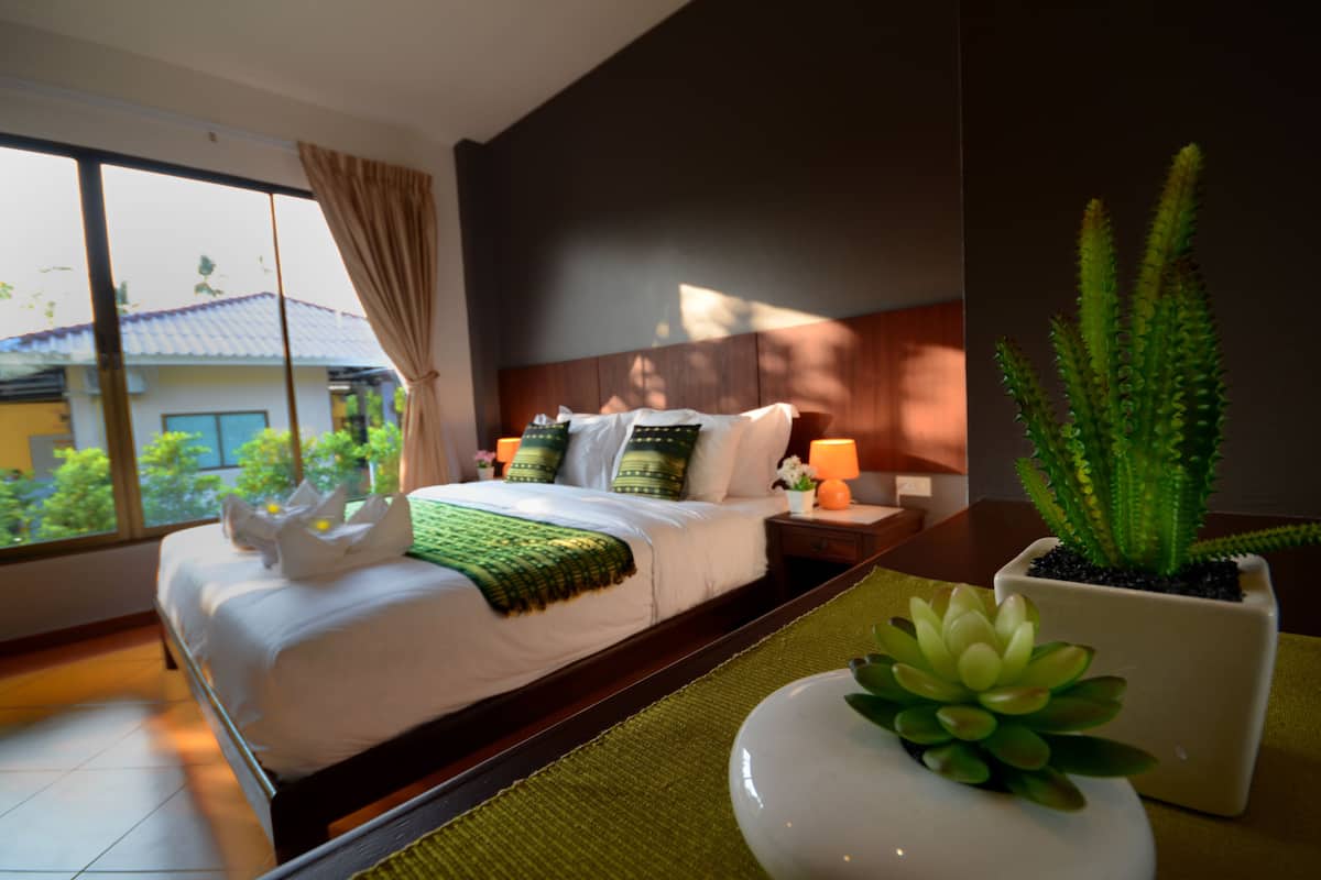 Une chambre d’hôtel moderne avec un grand lit, une table de chevet, une plante succulente en pot et une vue sur l’extérieur.