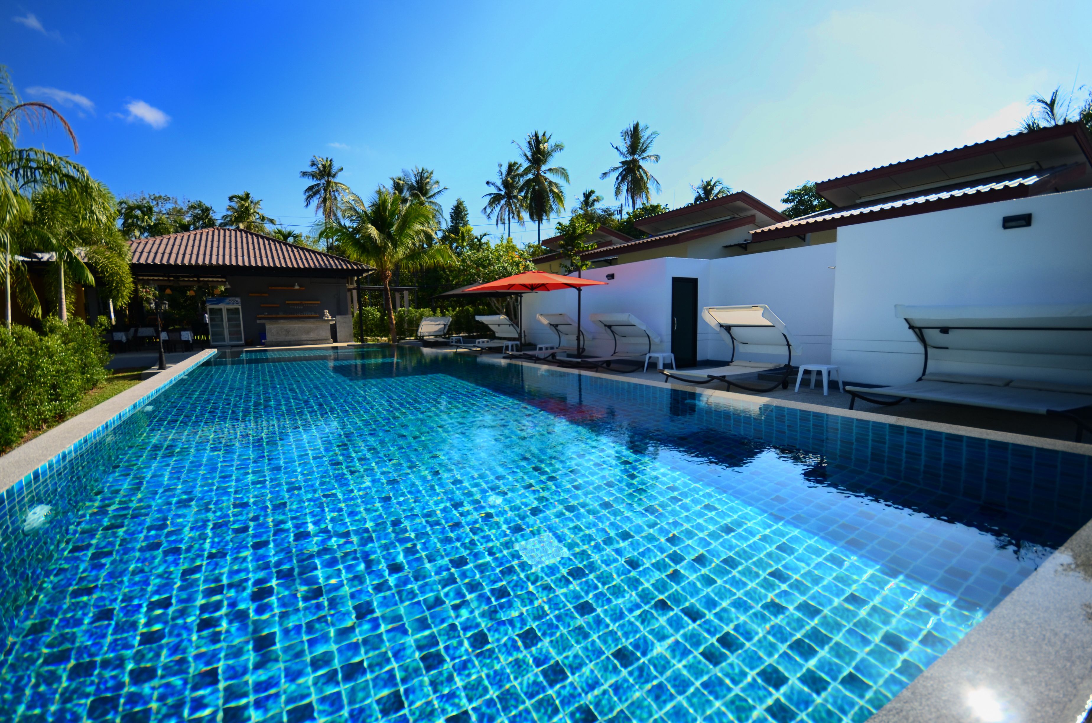 outdoor pool, pool loungers