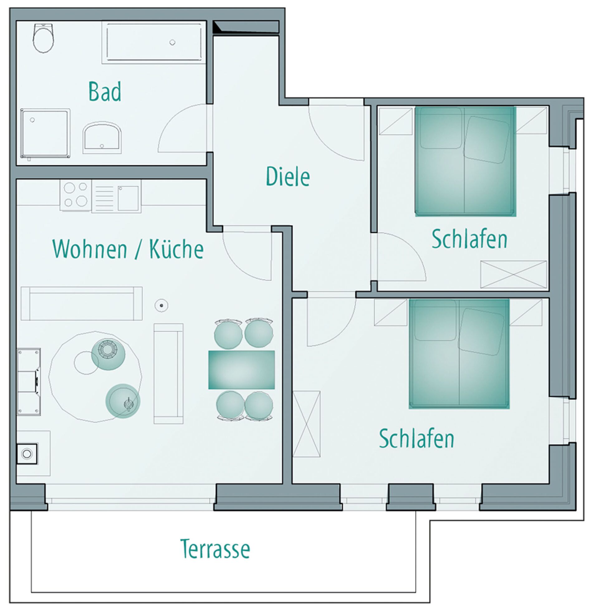 A floor plan of a hotel with labeled rooms: Bad, Diele, Wohnen/Küche, and two Schlafen (sleeping) areas.