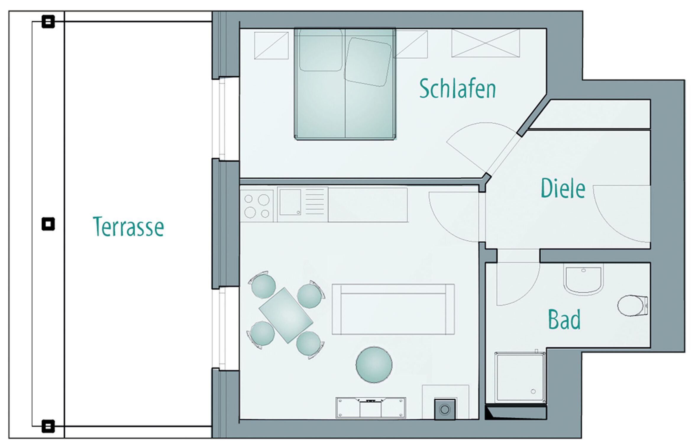 A hotel layout with a terrace, ensuite bathroom, dining area, and bedroom.