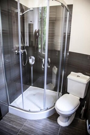 Shower, free toiletries, hair dryer, towels