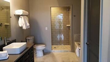 A bathroom with a sink, toilet, and shower area.