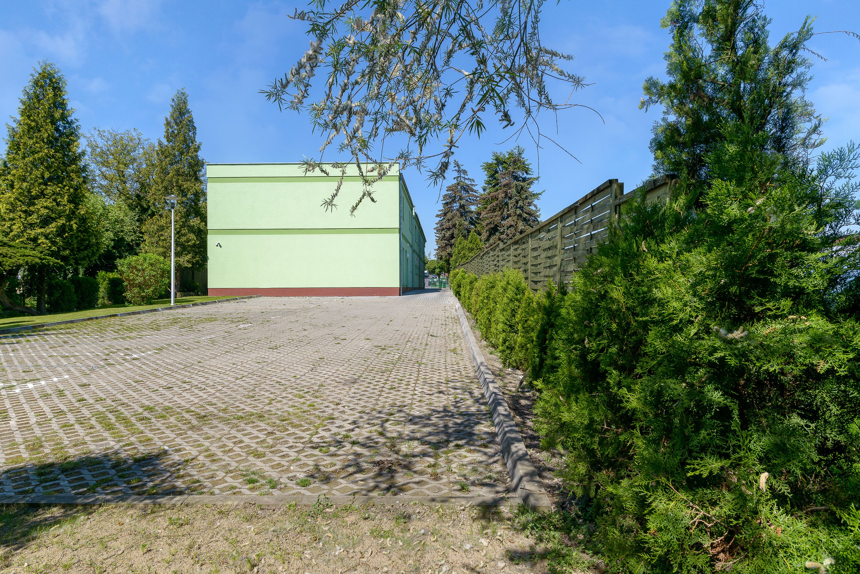 Un sendero pavimentado que lleva a un edificio verde con base roja, rodeado de árboles verdes y una valla de madera.