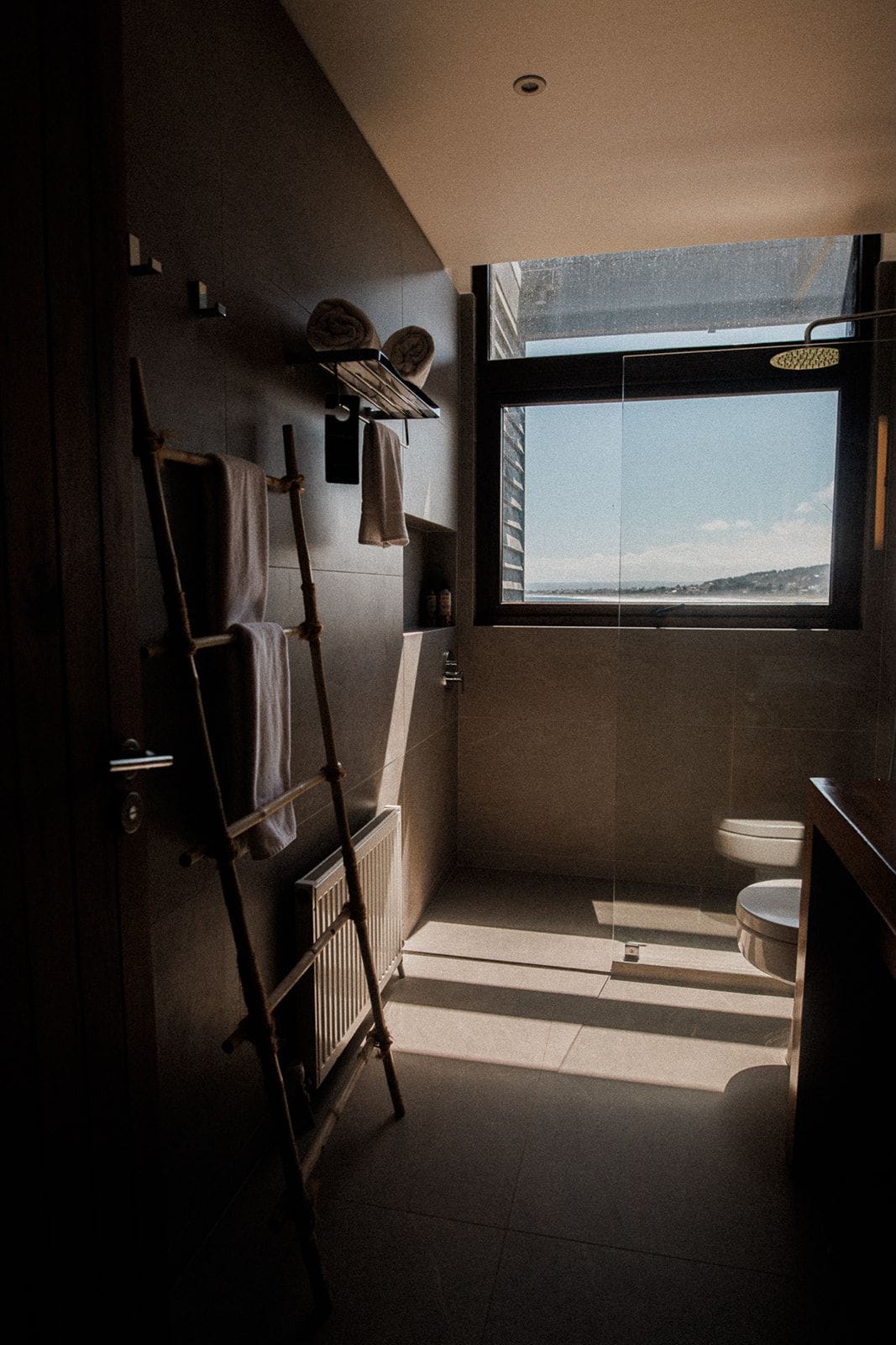 Un baño moderno con tragaluz, un perchero y un radiador.