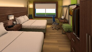 A hotel room with two beds, a desk, a chair, a TV, and a window with a view of the sky.