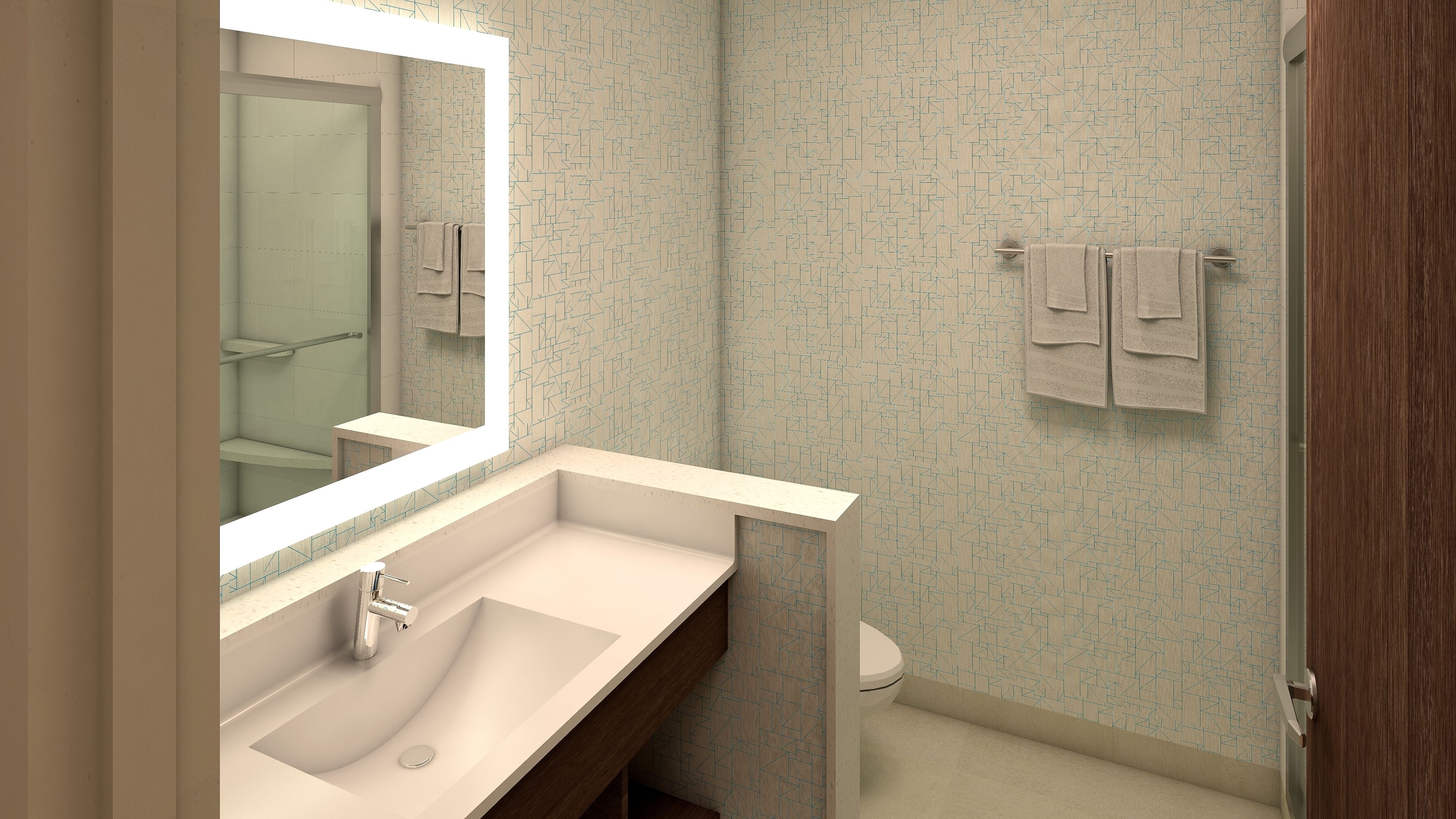 A modern bathroom with a large mirror, a sink, and a toilet.