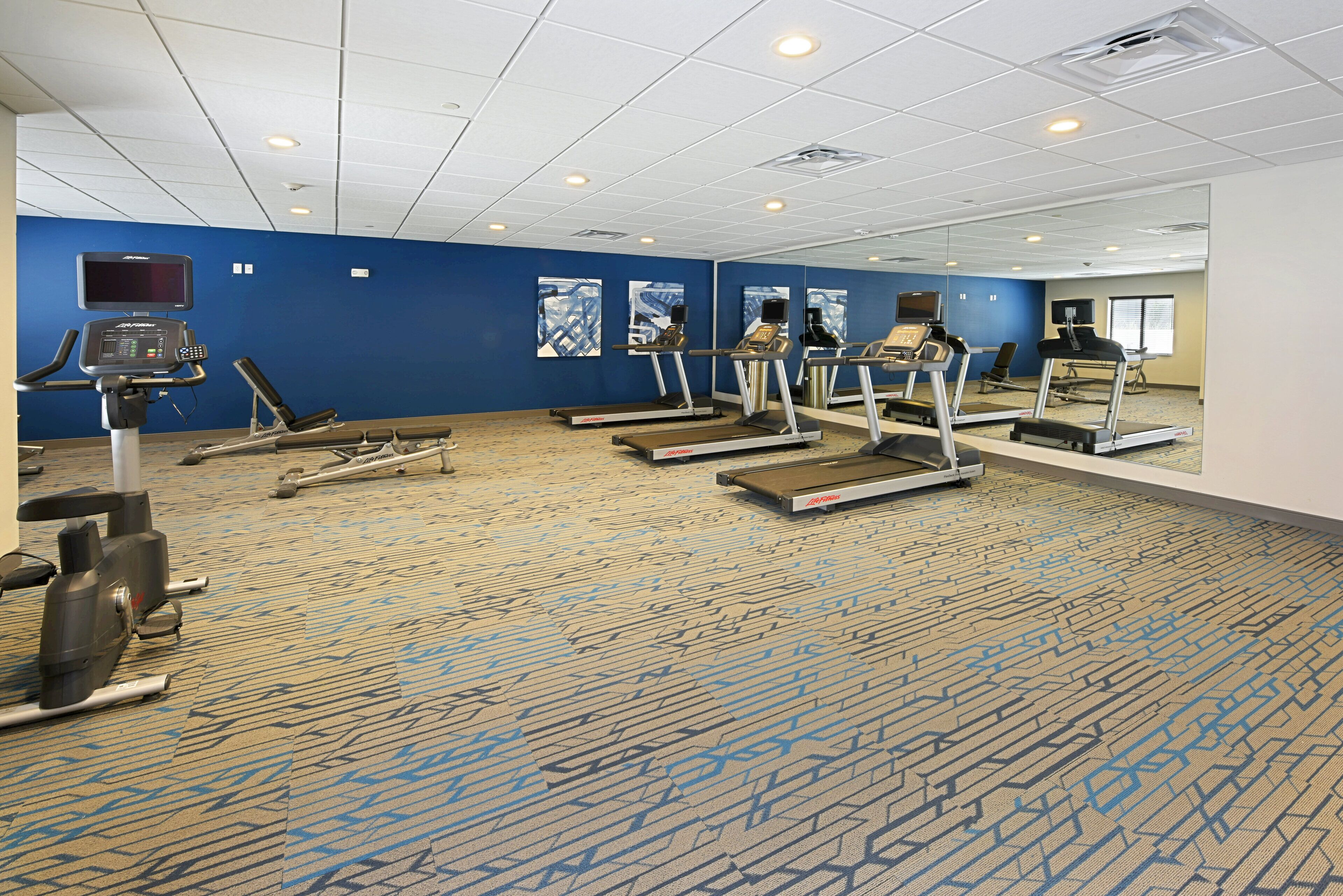 A fitness center with treadmills, elliptical machines, and a stationary bike.