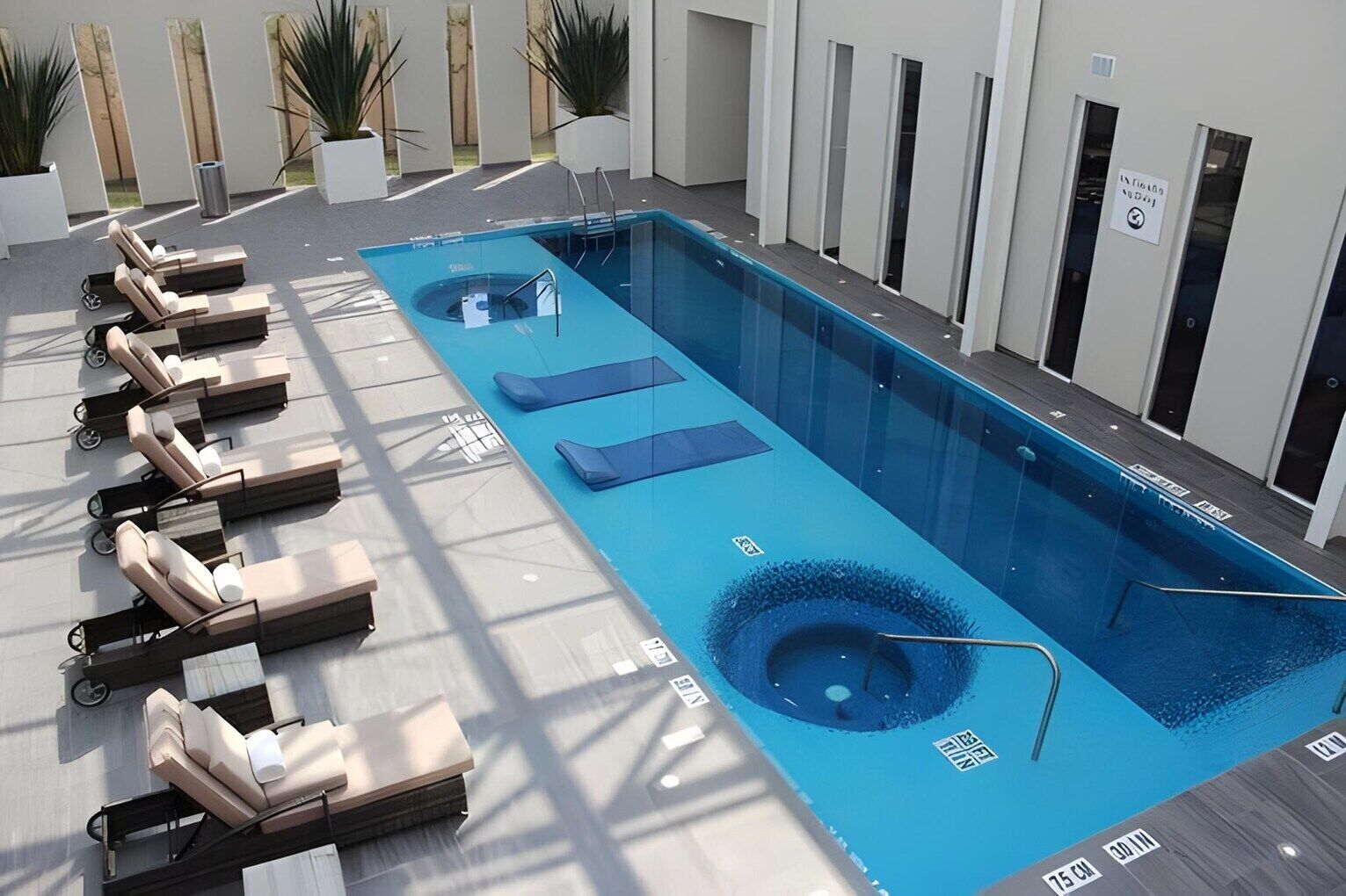 Una piscina en la azotea con sillones de descanso y un trampolín.