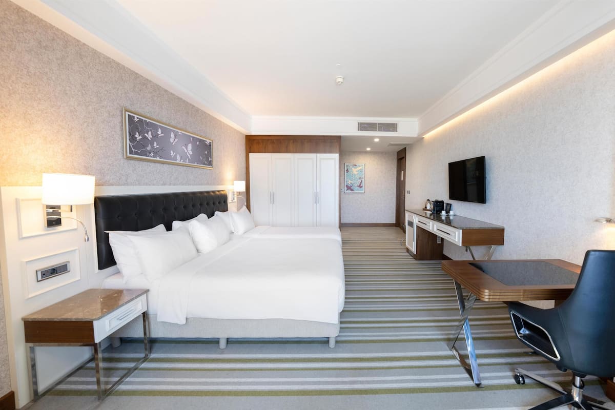 Una camera d'albergo con un letto grande, una scrivania con sedia, una TV e un quadro appeso al muro.