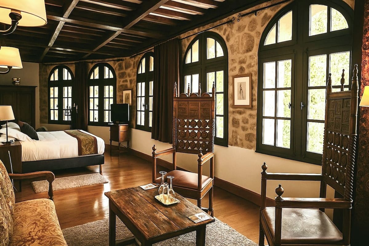 A traditional room with a bed, two armchairs, a wooden table, and large arched windows.