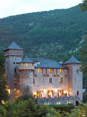 A castle-like building with multiple towers and a stone facade, surrounded by lush greenery and hills. - Château de la Caze (Gorges du Tarn Causses)