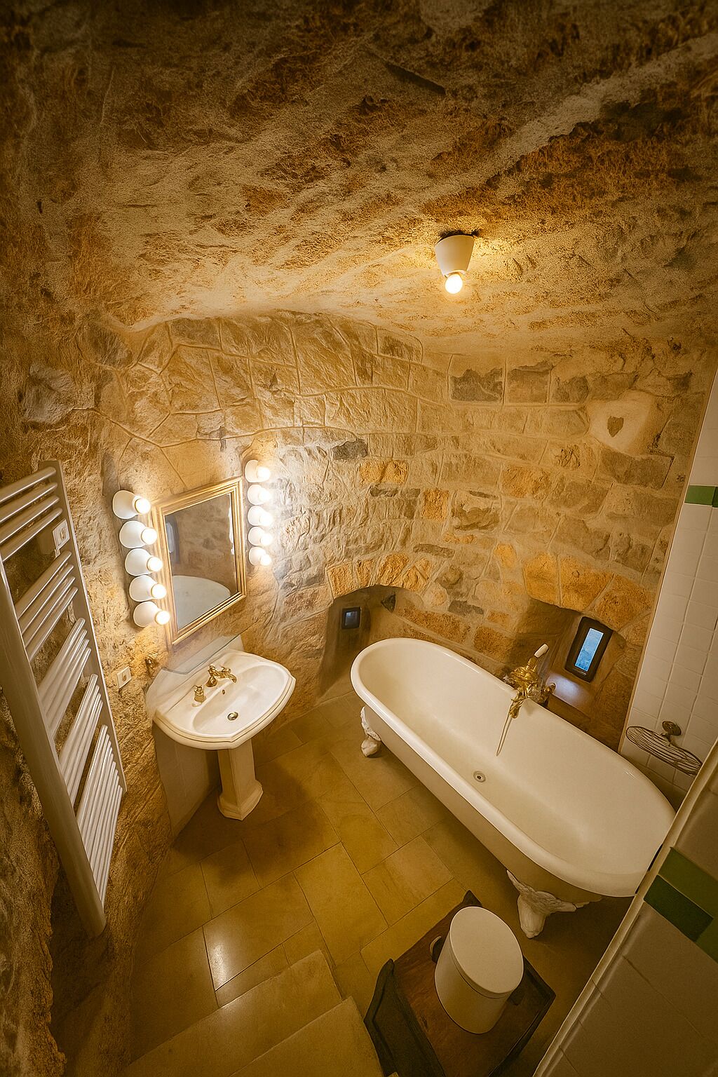 Une salle de bain avec un mur en pierre, un lavabo, une baignoire et un meuble-lavabo doté d’un miroir et d’un éclairage.