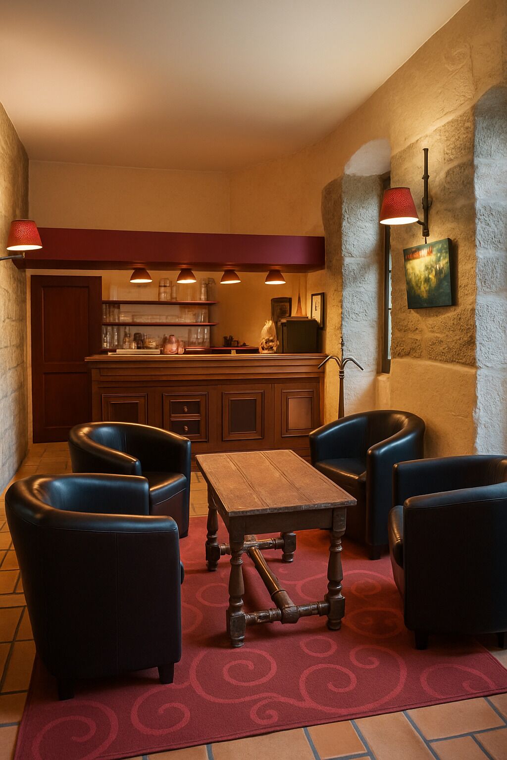 A cozy room with a wooden table, leather chairs, a red patterned rug, and a kitchen area with cabinets and a countertop.
