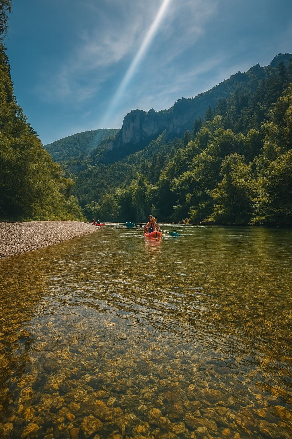 Un kayakista en un río transparente rodeado de colinas boscosas.