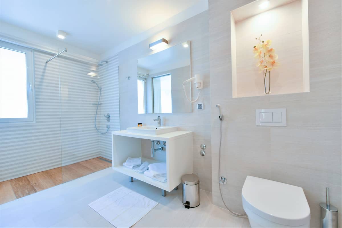Standard-Doppelzimmer | Badezimmer | Dusche, kostenlose Toilettenartikel, Haartrockner, Hausschuhe