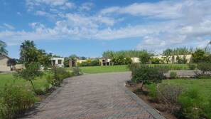 Un sendero pavimentado que conduce a una zona residencial con casas, vegetación y un cielo despejado.