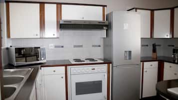 Full-sized fridge, microwave, stovetop, dishwasher
