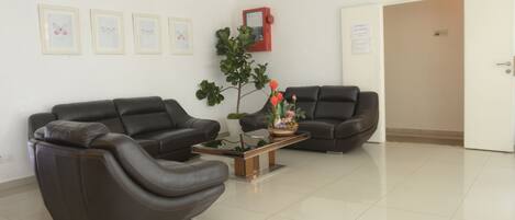 A modern waiting area with two leather sofas, a coffee table, and a potted plant.