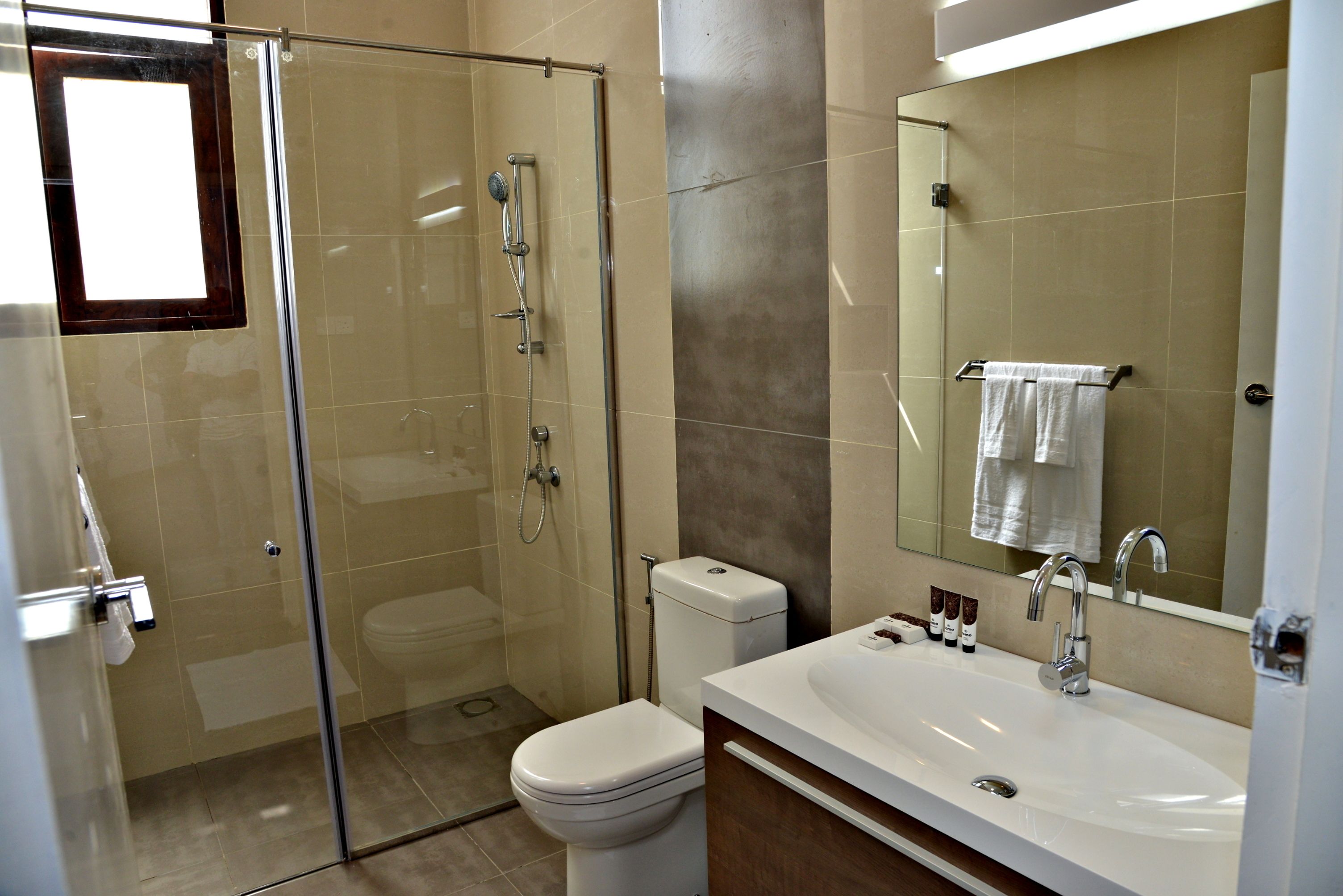 Shower, free toiletries, hair dryer, bidet