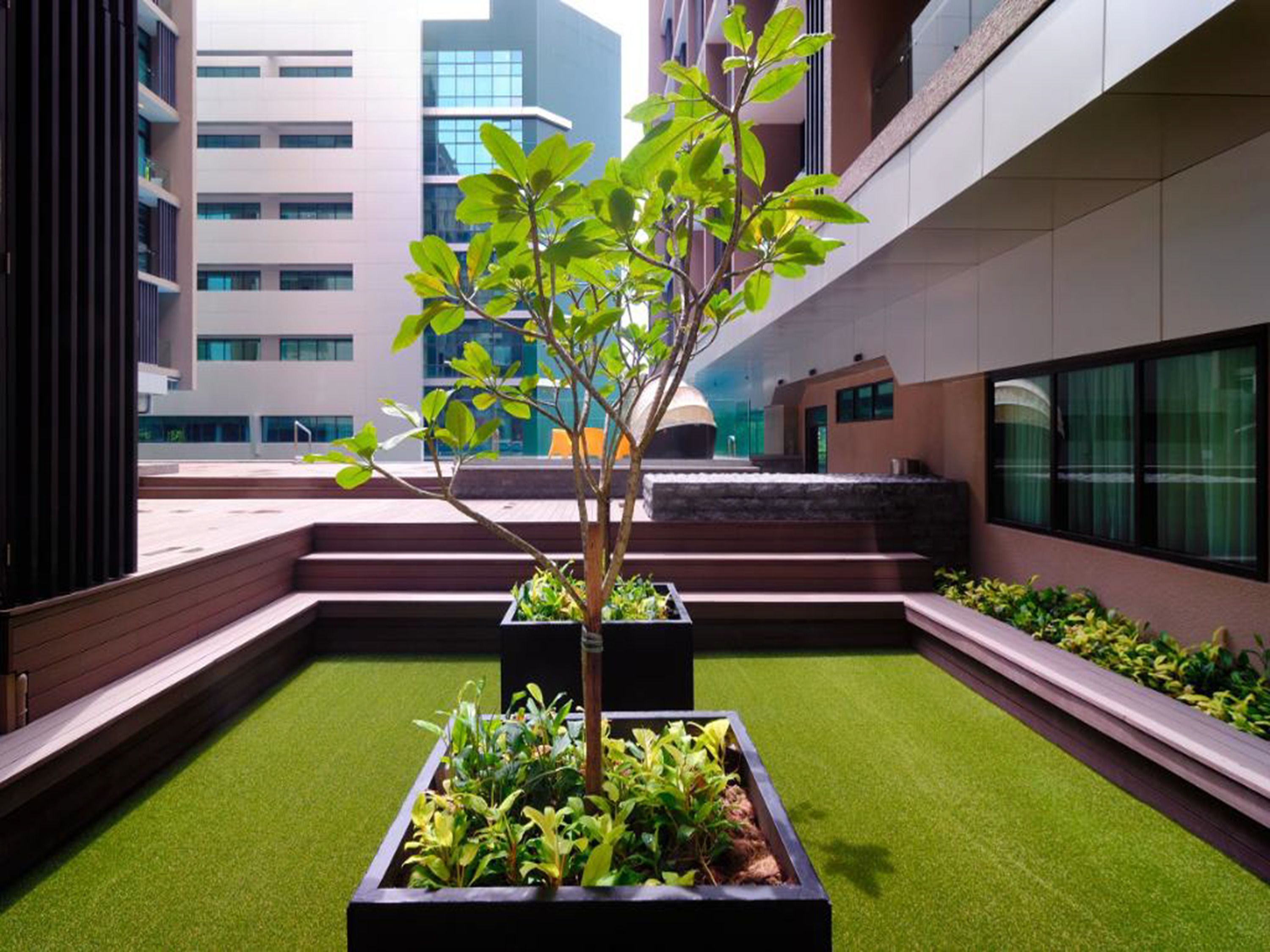 Un edificio moderno con un giardino pensile, un albero centrale e aiuole circostanti.