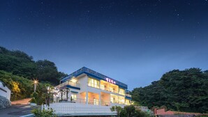 A two-story building with a balcony, surrounded by greenery, under a starry night sky. - Melodia Pension (Geoje)