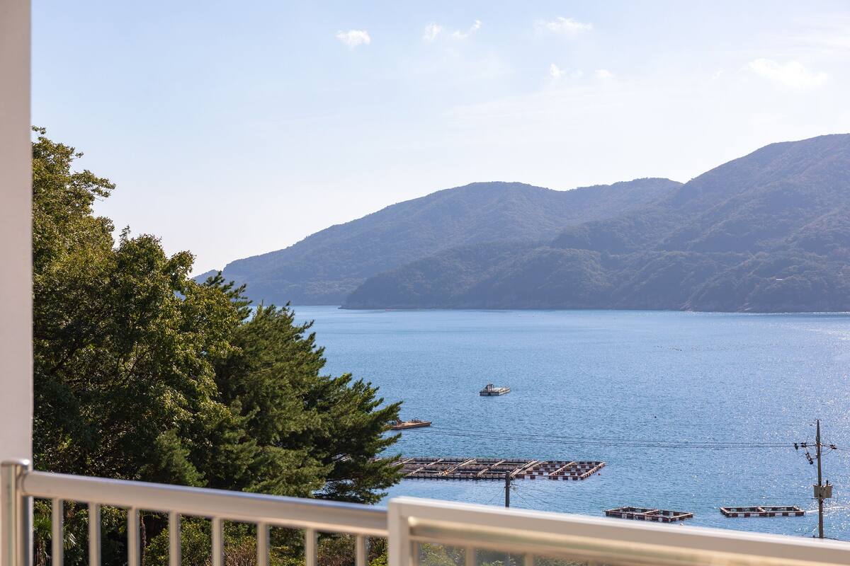 Une vue d'un lac avec des bateaux et des péniches amarrées, entouré de montagnes et d'arbres.