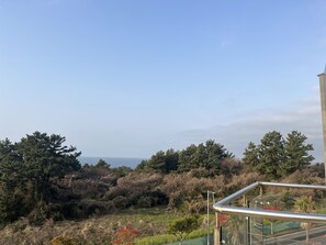 A balcony with a metal railing overlooking a natural landscape with trees and shrubs.