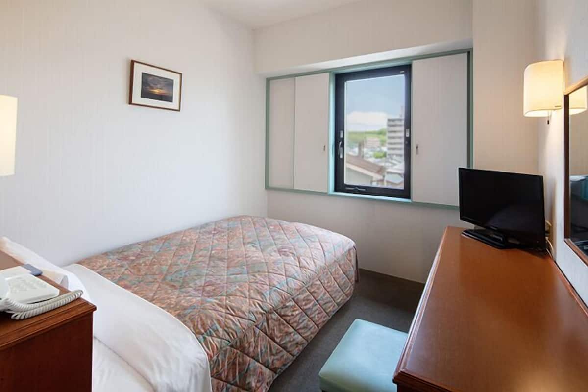 A hotel room with a bed, a desk with a television, a window with a view, and a bedside telephone.
