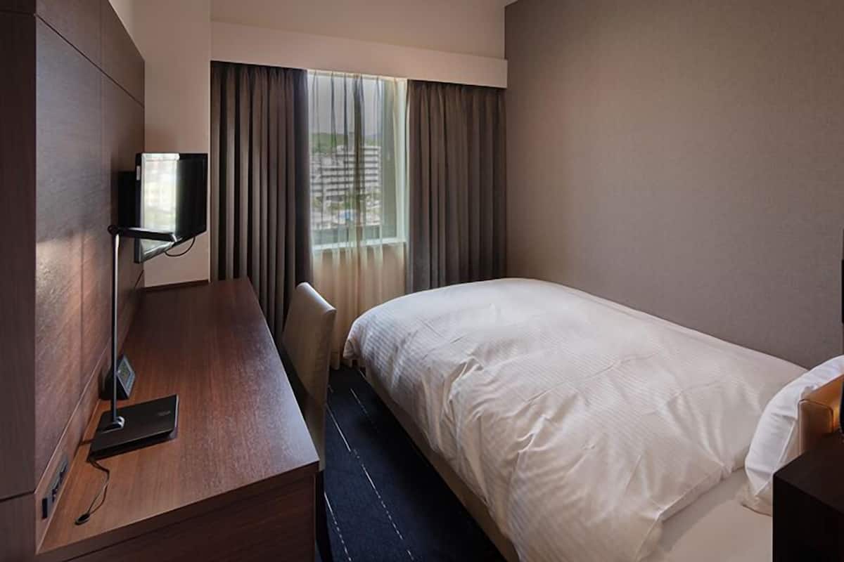 A hotel room with a bed, a desk with a flat-screen TV, and a window with curtains.