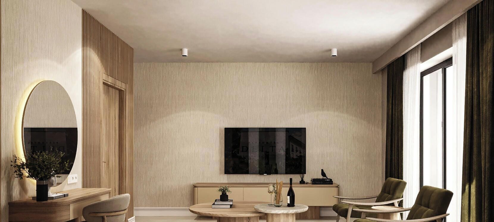 A modern living room with a large flat-screen TV, a wooden desk, a round coffee table, and two armchairs.