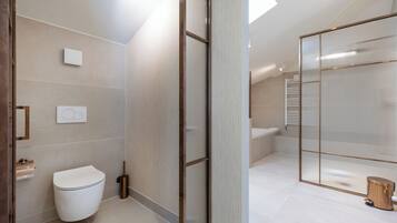 A modern bathroom with a toilet, a shower area, and a glass partition.